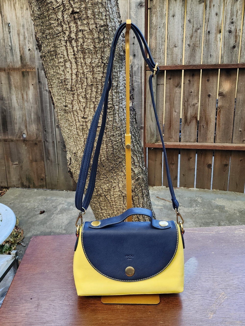 ANOKHI Paris Navy Blue Yellow Colorblock Crossbody Bag Top Handle Purse Snap Fla